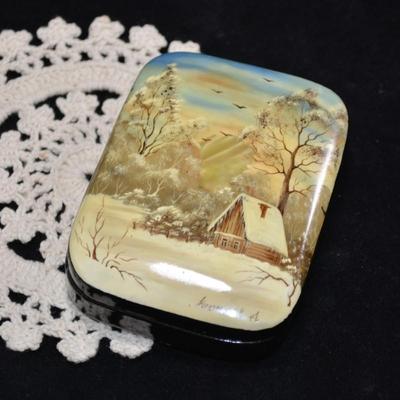 Eastern European Mother of Pearl Inlay Hinged Hand Painted Trinket Box 4x3x2
