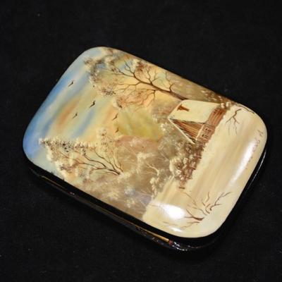 Eastern European Mother of Pearl Inlay Hinged Hand Painted Trinket Box 4x3x2