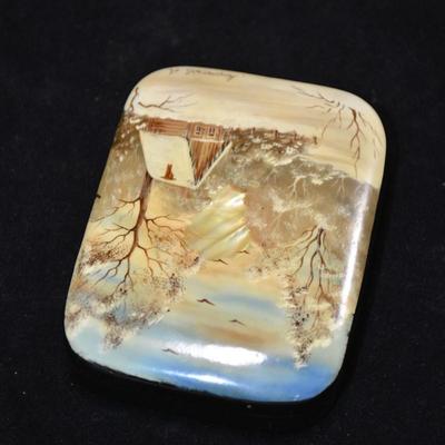 Eastern European Mother of Pearl Inlay Hinged Hand Painted Trinket Box 4x3x2
