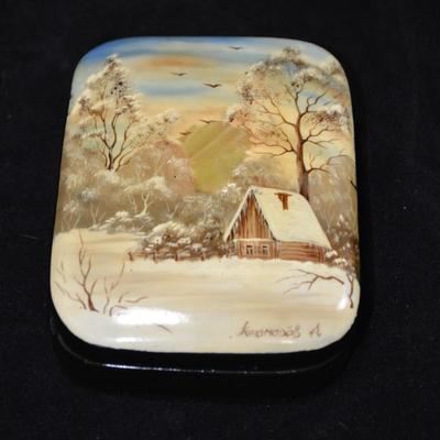 Eastern European Mother of Pearl Inlay Hinged Hand Painted Trinket Box 4x3x2