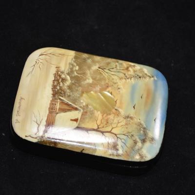 Eastern European Mother of Pearl Inlay Hinged Hand Painted Trinket Box 4x3x2
