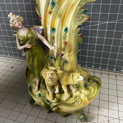 Art Nouveau Large Vase, Green with Lions 