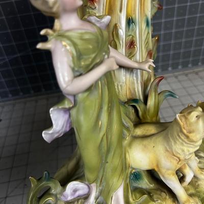 Art Nouveau Large Vase, Green with Lions 