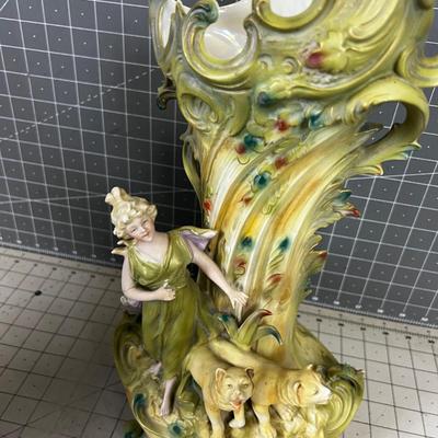 Art Nouveau Large Vase, Green with Lions 