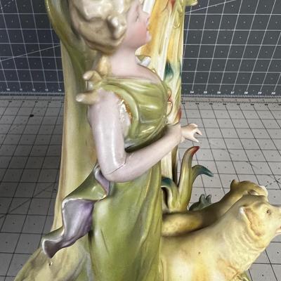 Art Nouveau Large Vase, Green with Lions 