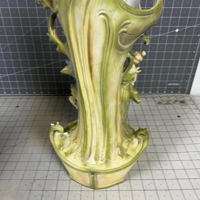 Art Nouveau Large Vase, Green with Lions 