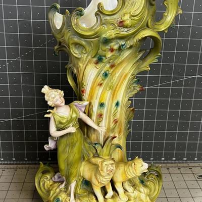 Art Nouveau Large Vase, Green with Lions 