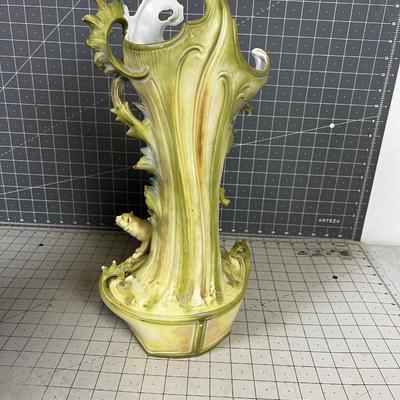 Art Nouveau Large Vase, Green with Lions 