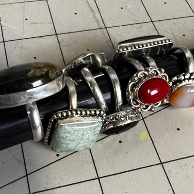 Lot of Rings - 7 Genuine Stones: Black, Tiger Eye, Moon Stone etc.
