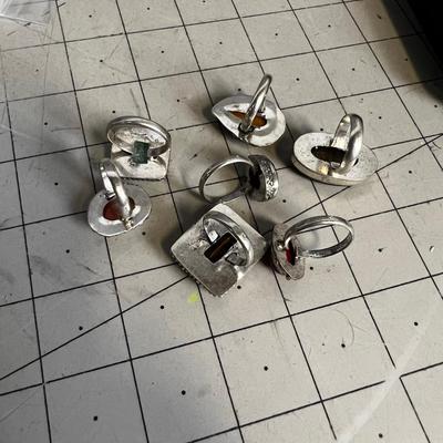 Lot of Rings - 7 Genuine Stones: Black, Tiger Eye, Moon Stone etc.