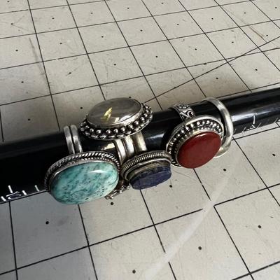 Lot of Rings, 6 Red jasper, Aventurine, Blue Stones.