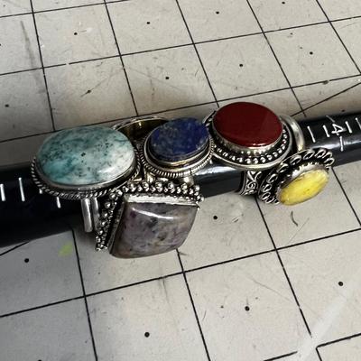 Lot of Rings, 6 Red jasper, Aventurine, Blue Stones.