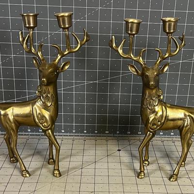 Pair of Vintage Brass Reindeer Candle Sticks
