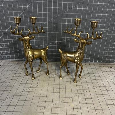 Pair of Vintage Brass Reindeer Candle Sticks