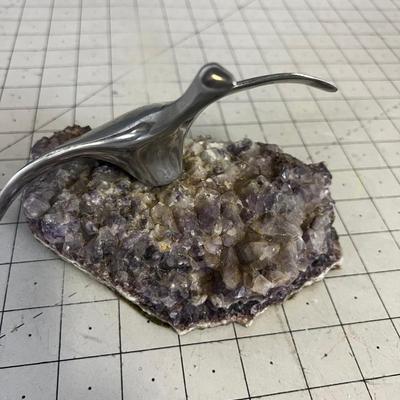 Aluminum Swan Sculpture on Amethyst Crystal Base