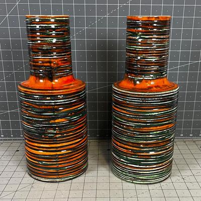 2 Royal Hagger, pair Orange Mid Century VASES 