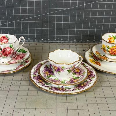 3 Floral Tea Cup & Saucer  in Fine Bone China with Desert Plate. 