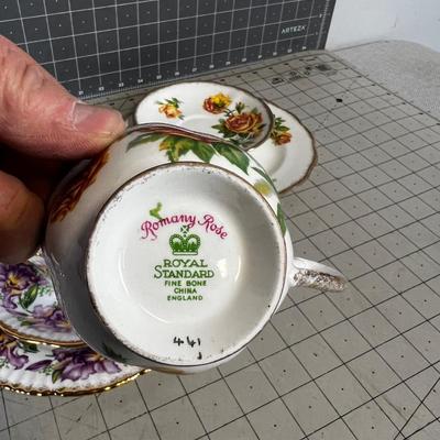 3 Floral Tea Cup & Saucer  in Fine Bone China with Desert Plate. 