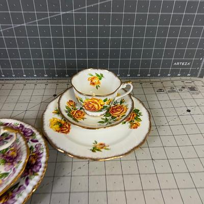 3 Floral Tea Cup & Saucer  in Fine Bone China with Desert Plate. 