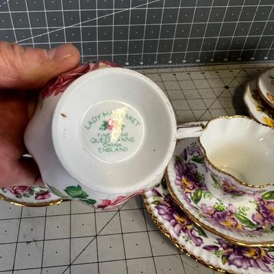 3 Floral Tea Cup & Saucer  in Fine Bone China with Desert Plate. 