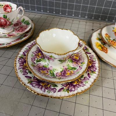 3 Floral Tea Cup & Saucer  in Fine Bone China with Desert Plate. 
