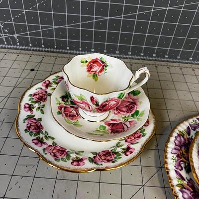 3 Floral Tea Cup & Saucer  in Fine Bone China with Desert Plate. 