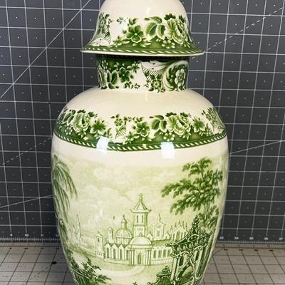 Porcelain Cover Jar GREEN  with English Bottom Stamp