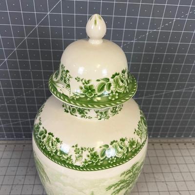 Porcelain Cover Jar GREEN  with English Bottom Stamp