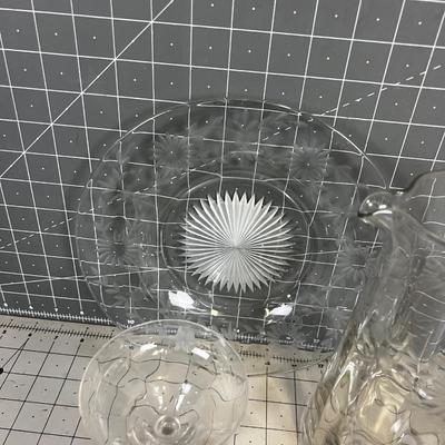 Etched Glassware, Pitcher, Plate, 2 Glasses, DAISY Pattern