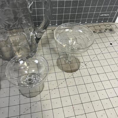 Etched Glassware, Pitcher, Plate, 2 Glasses, DAISY Pattern