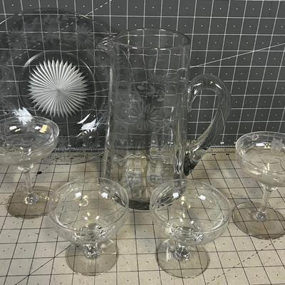 Etched Glassware, Pitcher, Plate, 2 Glasses, DAISY Pattern