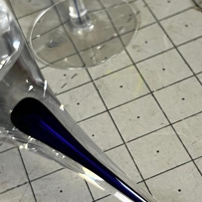 Orrefors Sweden  Hand Blown Crystal Wine Glasses with a Blue Drop inside the Stem. 