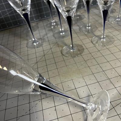 Orrefors Sweden  Hand Blown Crystal Wine Glasses with a Blue Drop inside the Stem. 