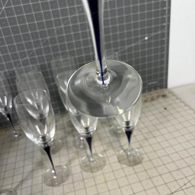 Orrefors Sweden  Hand Blown Crystal Wine Glasses with a Blue Drop inside the Stem. 