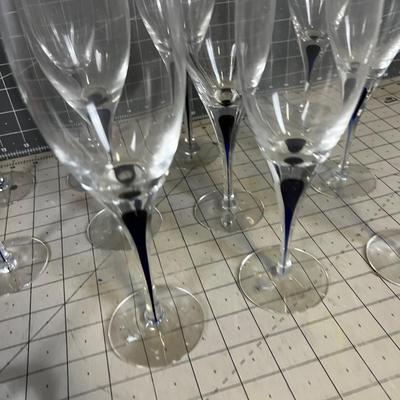 Orrefors Sweden  Hand Blown Crystal Wine Glasses with a Blue Drop inside the Stem. 