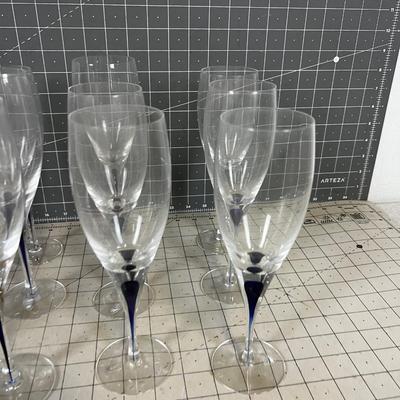 Orrefors Sweden  Hand Blown Crystal Wine Glasses with a Blue Drop inside the Stem. 