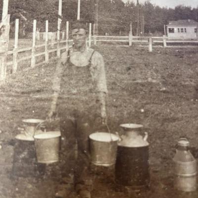 VINTAGE PHOTO OF DAIRY FARMER WITH BUCKETS OF MILK