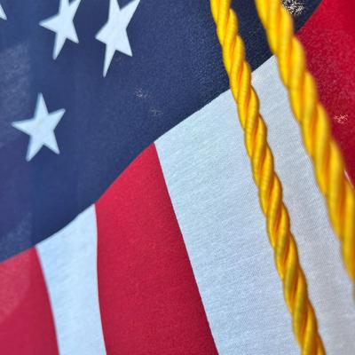 LARGE U.S. FLAG WITH GOLD BRAID TASSLES ON POLE