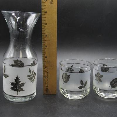 Set of Libbey Glass Silver Leaf Juice Cocktail Carafe Decanter & Drinking Tumblers