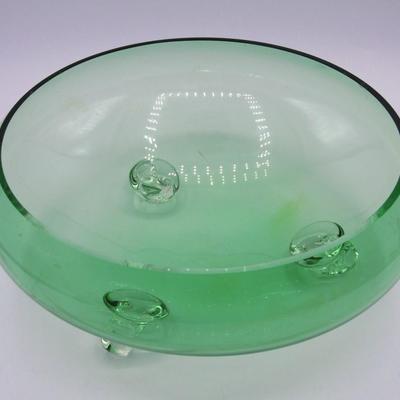 Vintage Mid Century Modern Three Footed Clear Green Glass Bowl