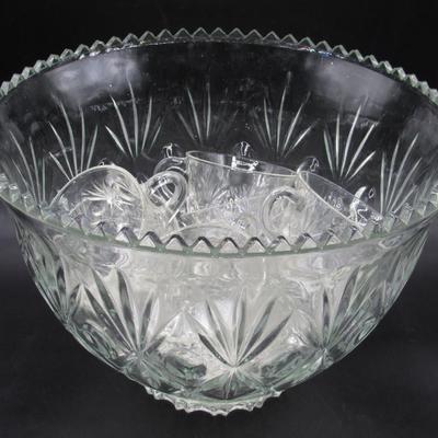 Vintage Hazel Atlas Heritage Thumbprint Glass Punch Bowl with Drinking Cups