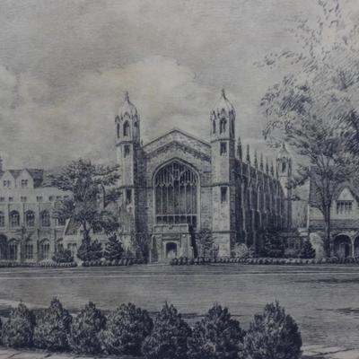 Vintage Framed Panoramic Art Sketch Print of Campus