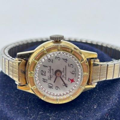 Gold Tone Stretch Band Wind Up Ladies Wristwatch Virgin Islands Souvenir 17 Jewels Works