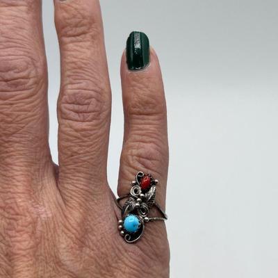 Sterling Silver Southwestern Style Turquoise and Red Coral Ring Size 5