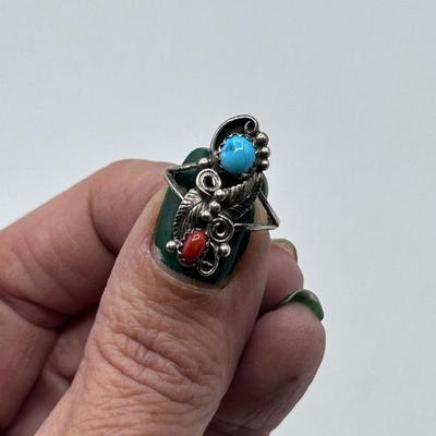 Sterling Silver Southwestern Style Turquoise and Red Coral Ring Size 5