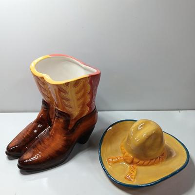 Cowboy boots and hat ceramic cookie jar