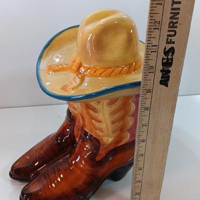 Cowboy boots and hat ceramic cookie jar