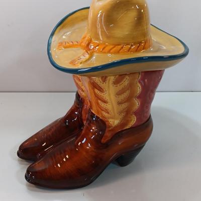 Cowboy boots and hat ceramic cookie jar