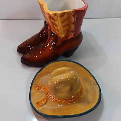 Cowboy boots and hat ceramic cookie jar