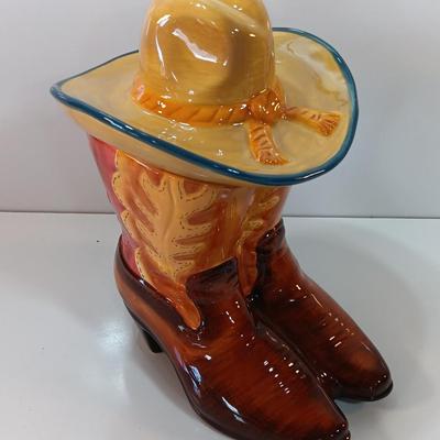 Cowboy boots and hat ceramic cookie jar